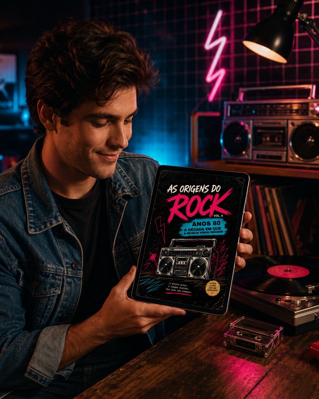 Leitor segurando o e-book As Origens do Rock em um tablet