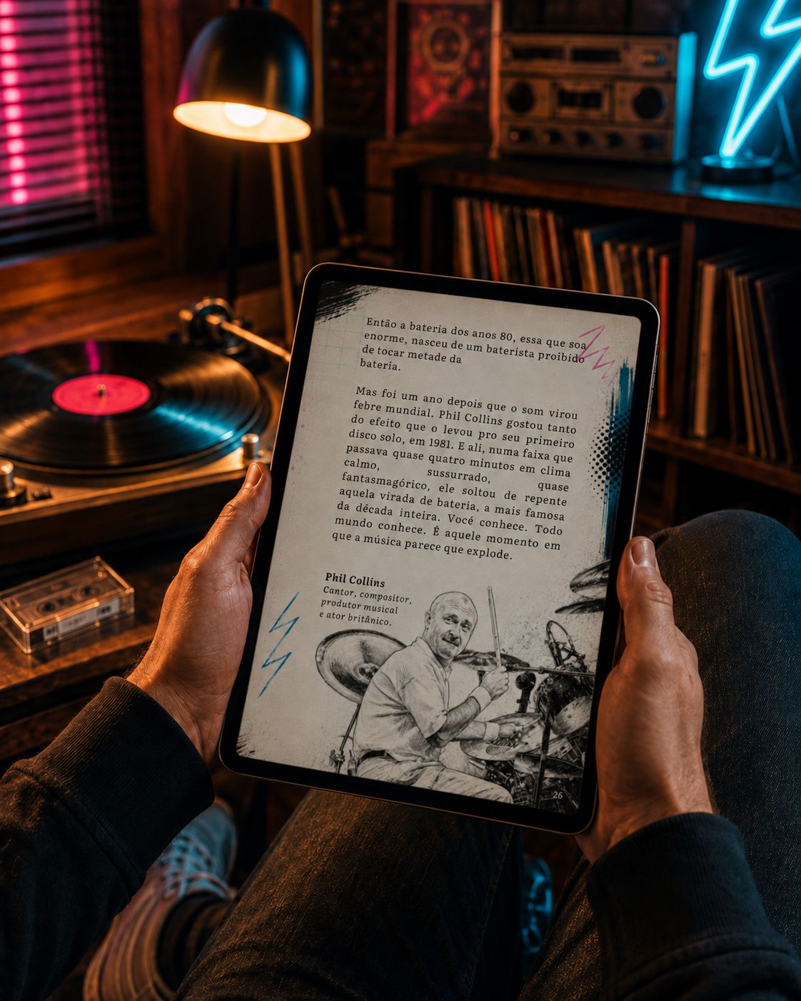 E-book aberto em uma página sobre a bateria dos anos 80