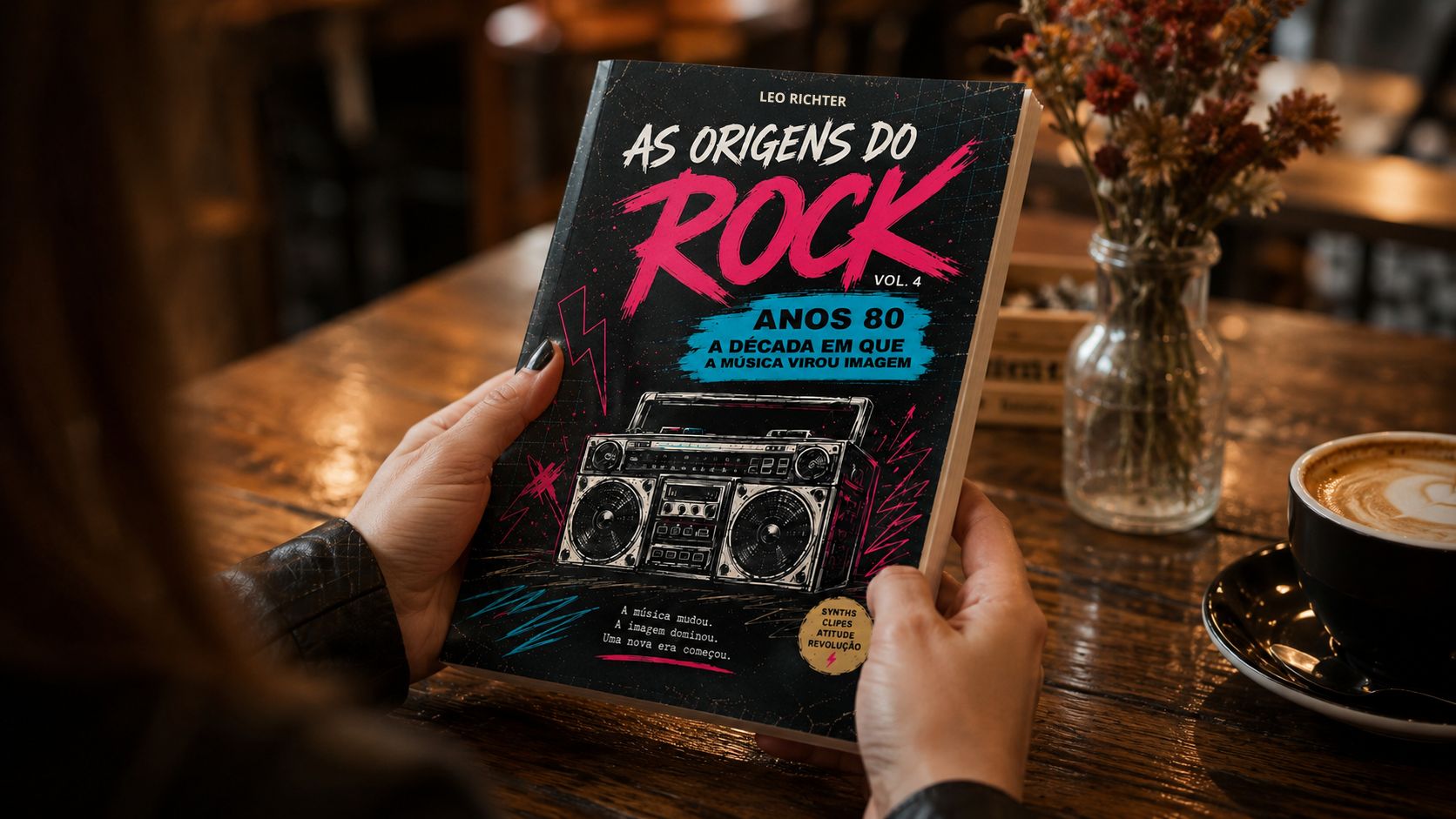 Pessoa segurando o livro As Origens do Rock - Anos 80