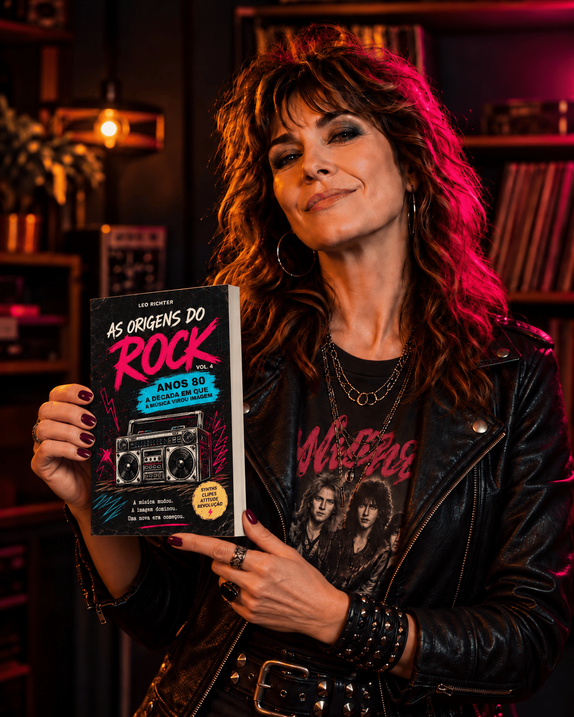 Mulher segurando o livro As Origens do Rock - Anos 80