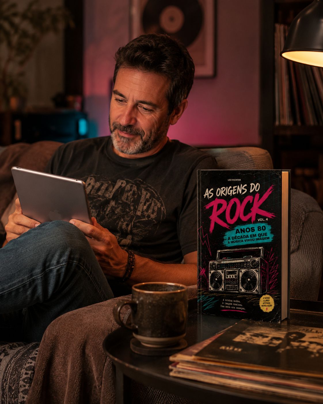 Leitor com um tablet e o e-book As Origens do Rock