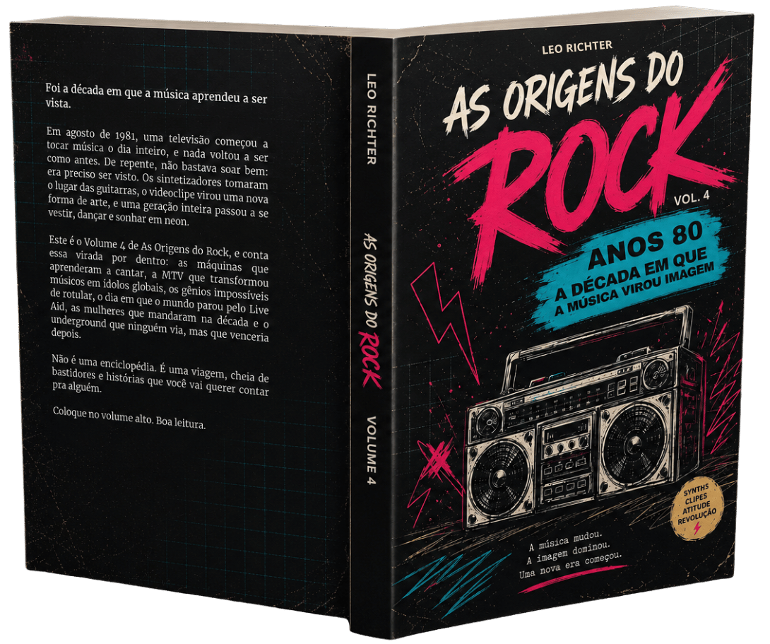 Livro físico As Origens do Rock - Anos 80 aberto, mostrando capa e contracapa